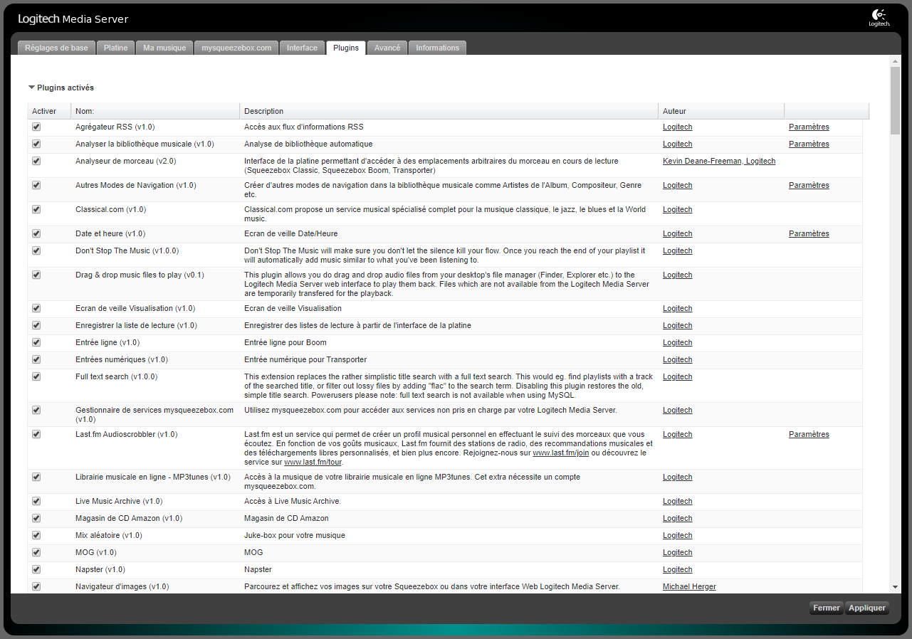 Vue plugins du Loggitech Media Server