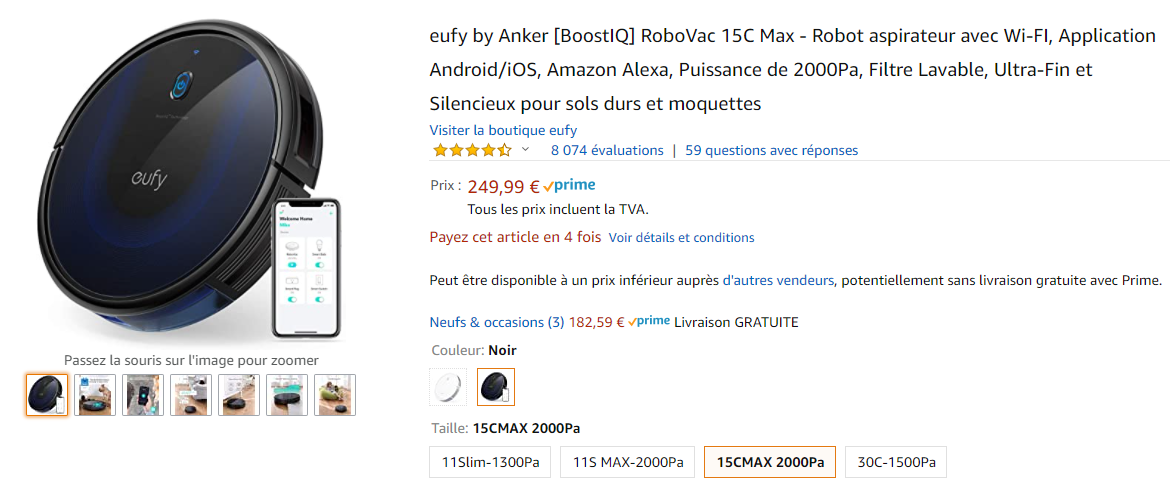 Capture d'écran de la page Amazon du RoboVac 15C Max