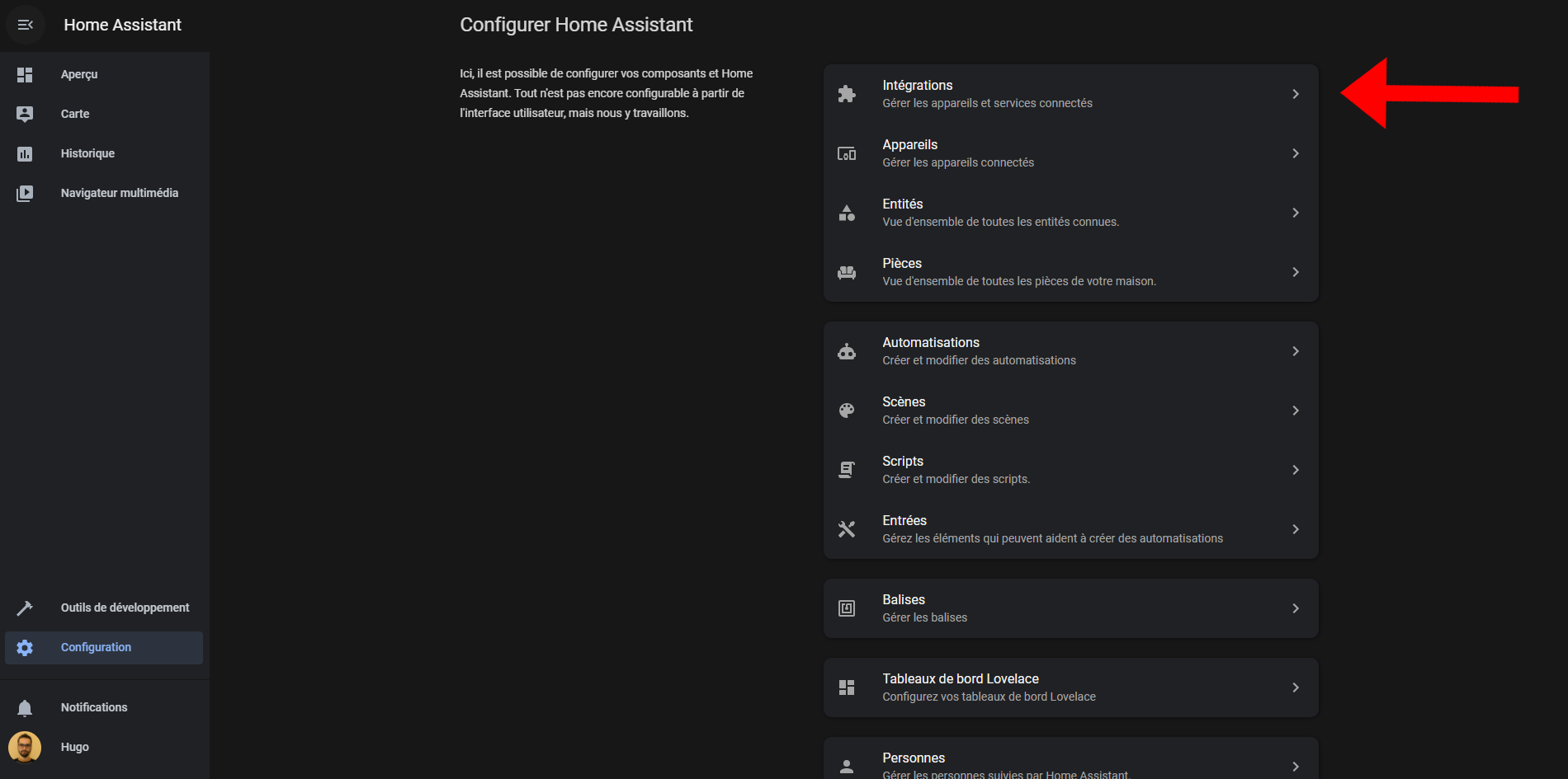 Capture d'écran du menu Configuration de Home Assistant