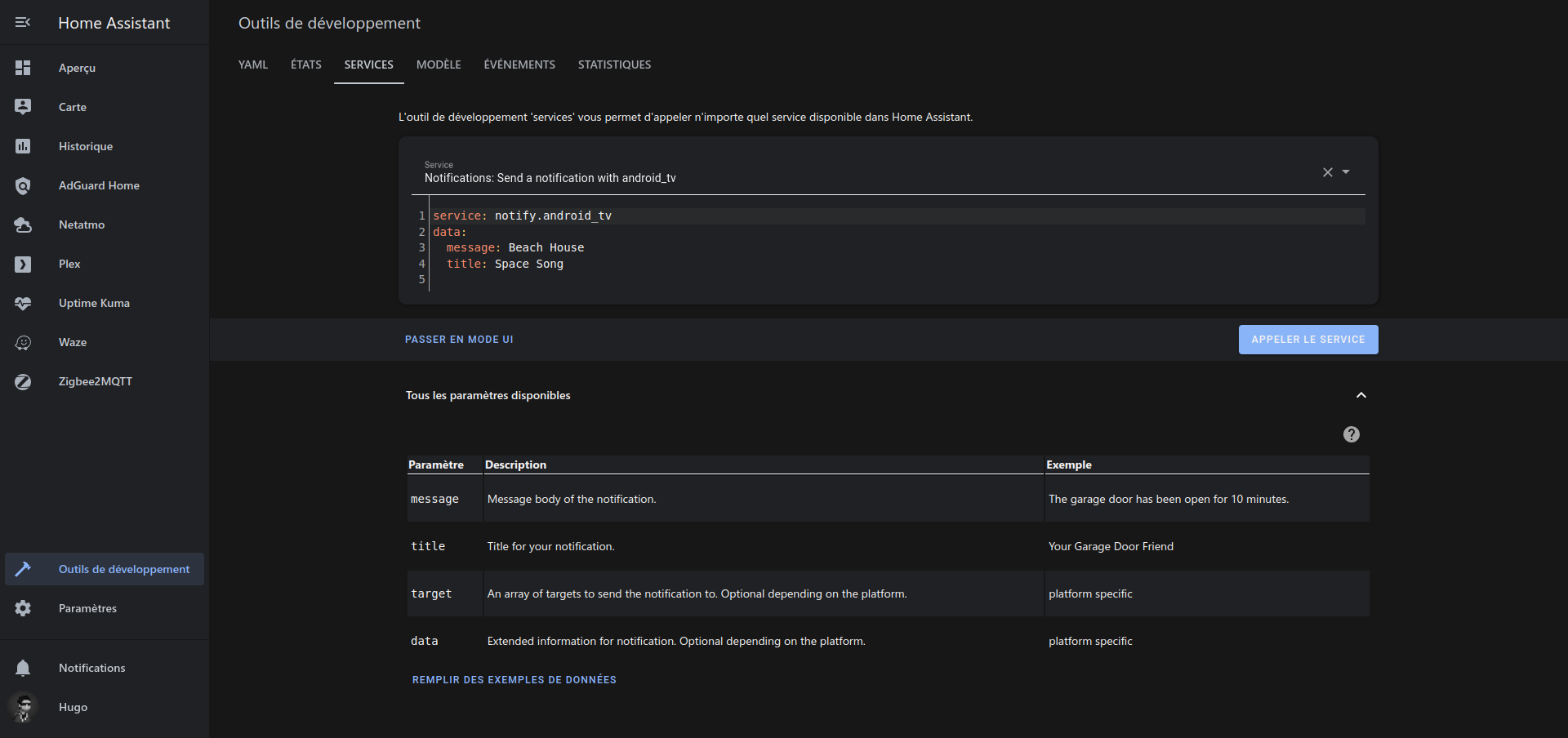 Vue Outils de développement de Home Assistant