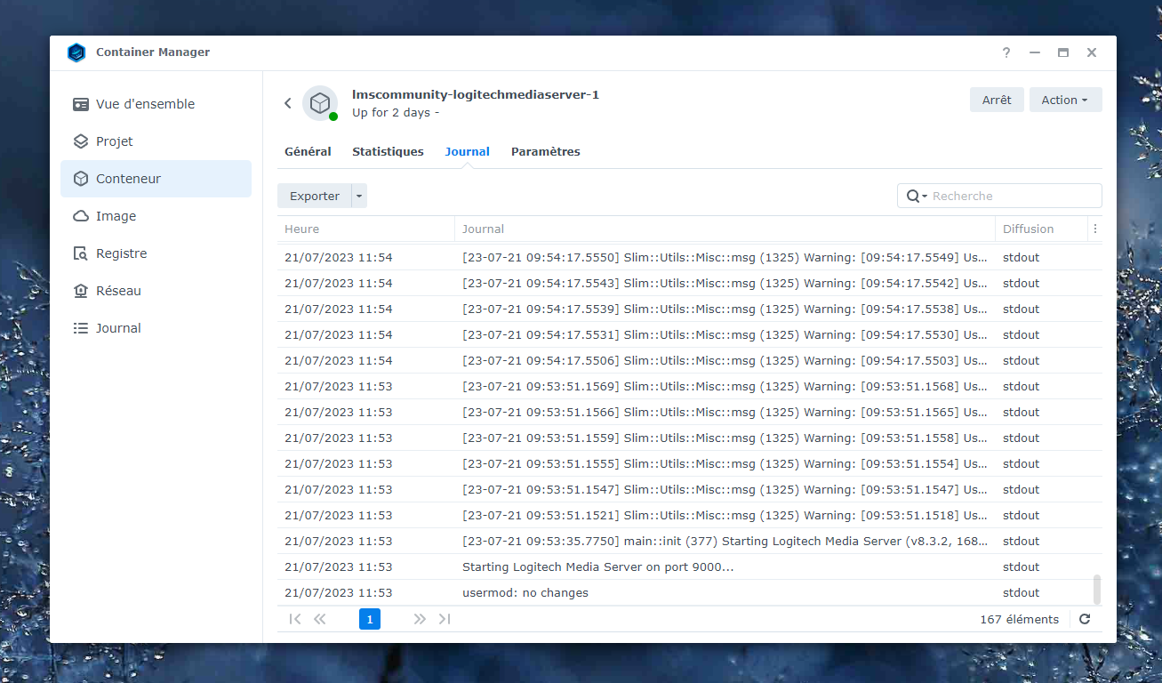 Capture d'écran des logs d'un container sur Container Manager sur Synology DSM