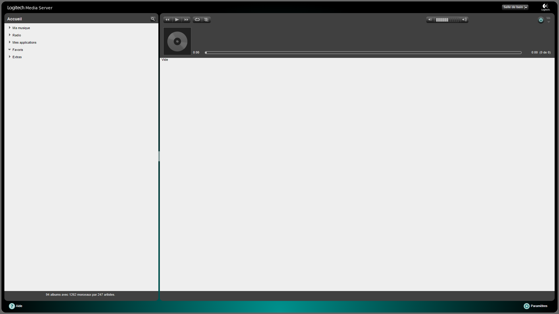 Capture d'écran de l'accueil du Logitech Media Server