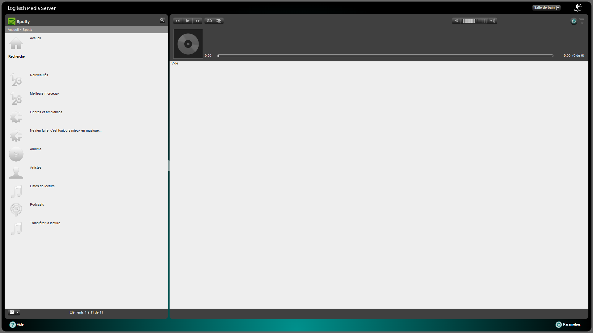 Capture d'écran de l'accueil Spotify du Logitech Media Server
