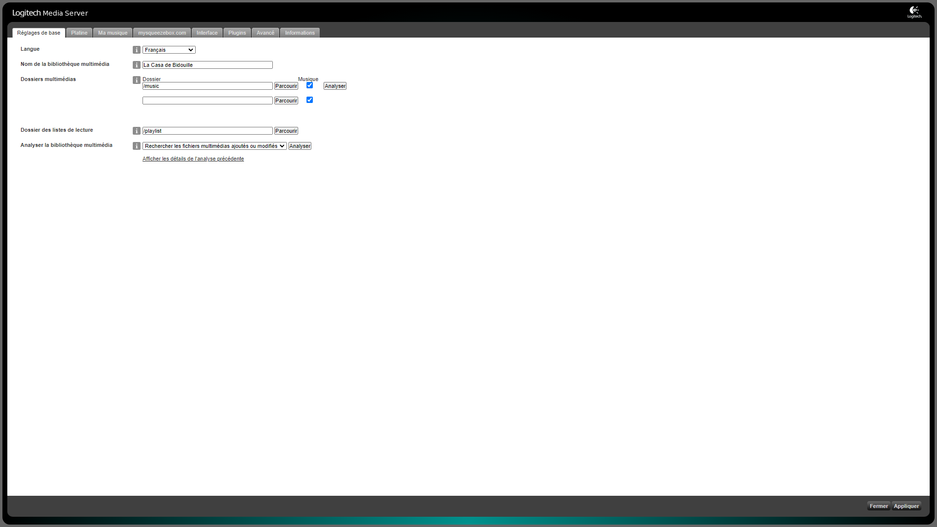Capture d'écran du menu Réglages de base du Logitech Media Server