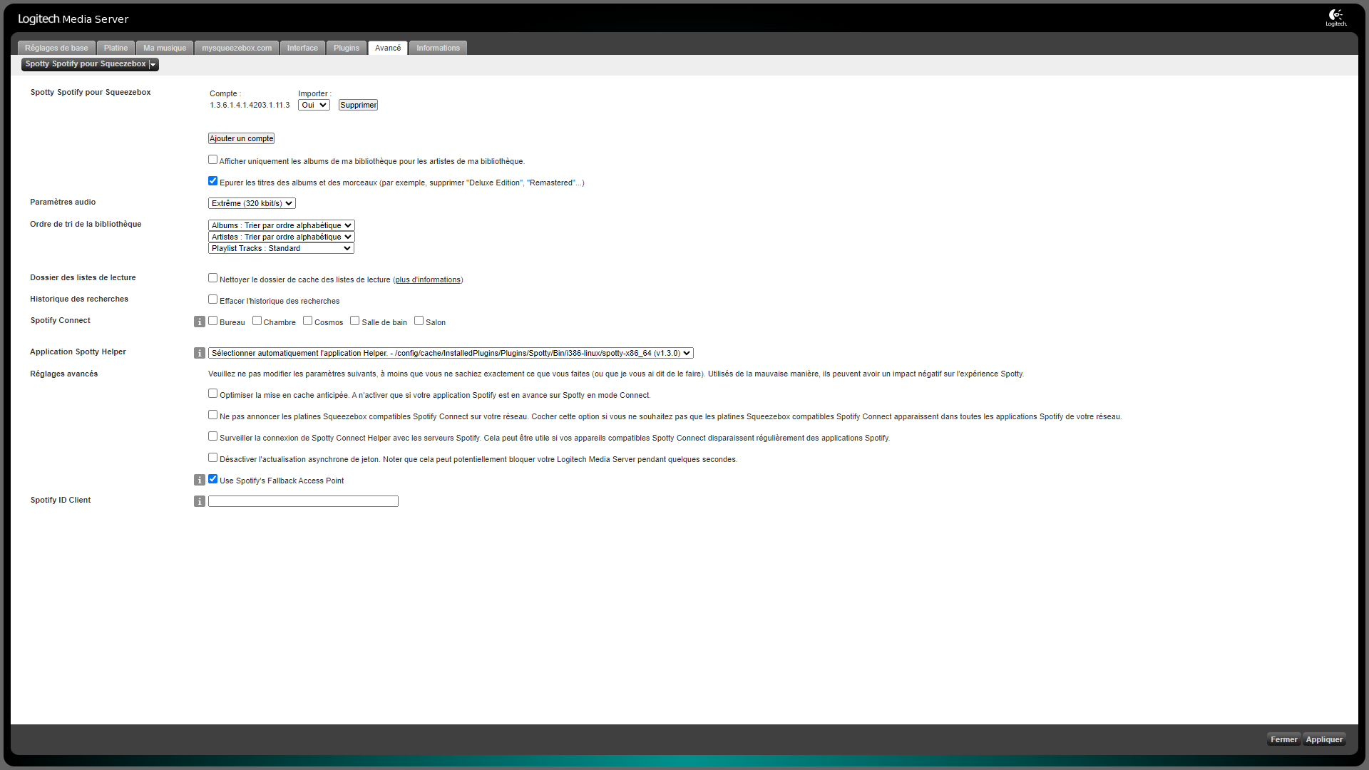 Capture d'écran du menu de configuration du plugin Spotify du Logitech Media Server