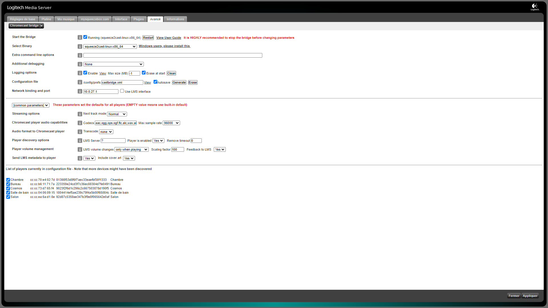Capture d'écran du menu de configuration du Chromecast Bridge du Logitech Media Server