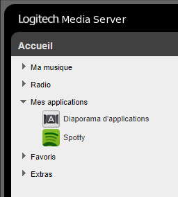 Capture d'écran des applications du Logitech Media Server