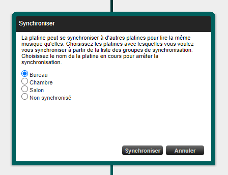 Capture d'écran du popin de synchronisation du Logitech Media Server