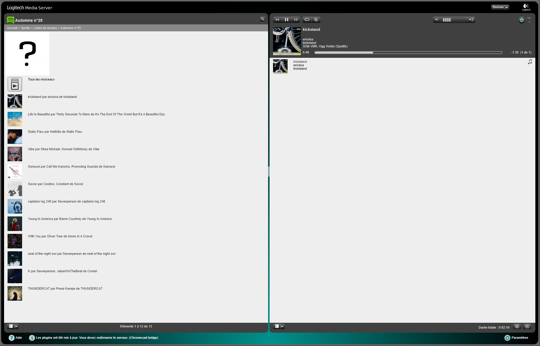 Capture d'écran d'une playlist Spotify du Logitech Media Server