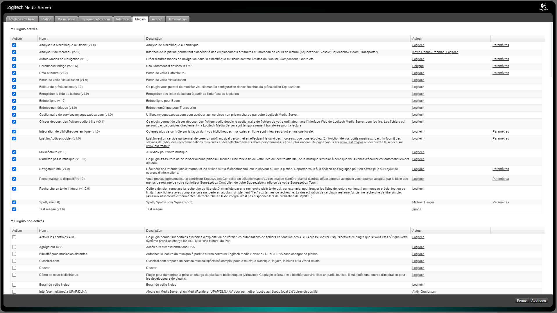 Capture d'écran du menu Plugins du Logitech Media Server